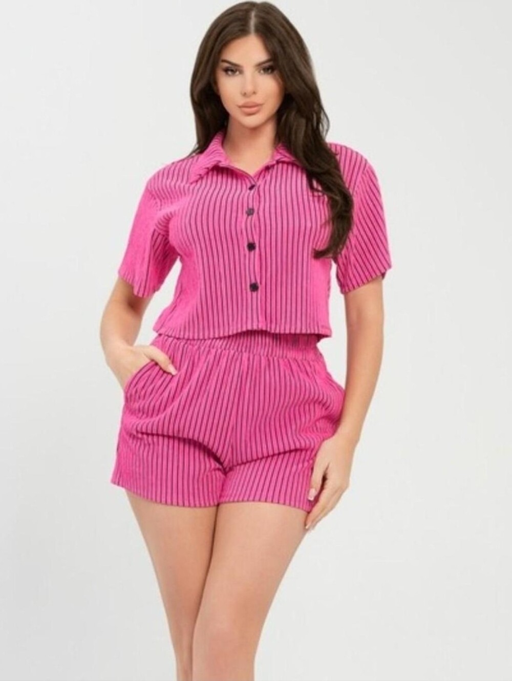 NEW!! Pink Ribbed Two-Piece Button Front Short Set, NWT - Picture 2 of 2